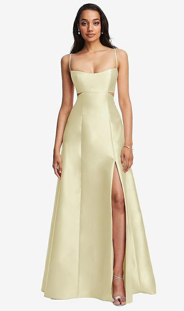 Front View - Butter Yellow Open Neckline Cutout Satin Twill A-Line Gown with Pockets