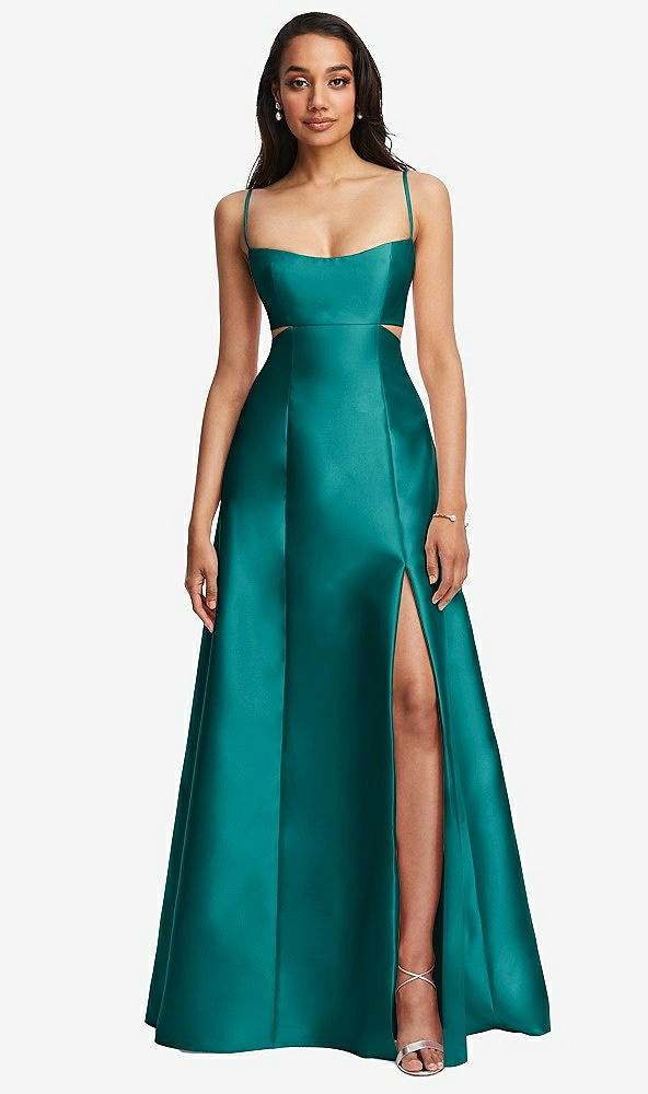 Front View - Jade Open Neckline Cutout Satin Twill A-Line Gown with Pockets