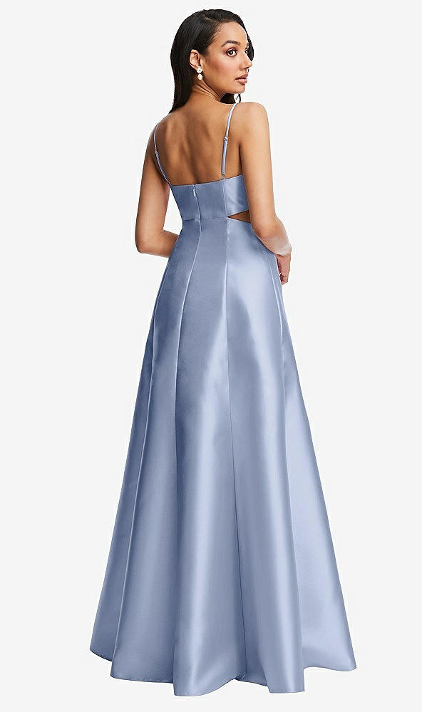 Back View - Sky Blue Open Neckline Cutout Satin Twill A-Line Gown with Pockets