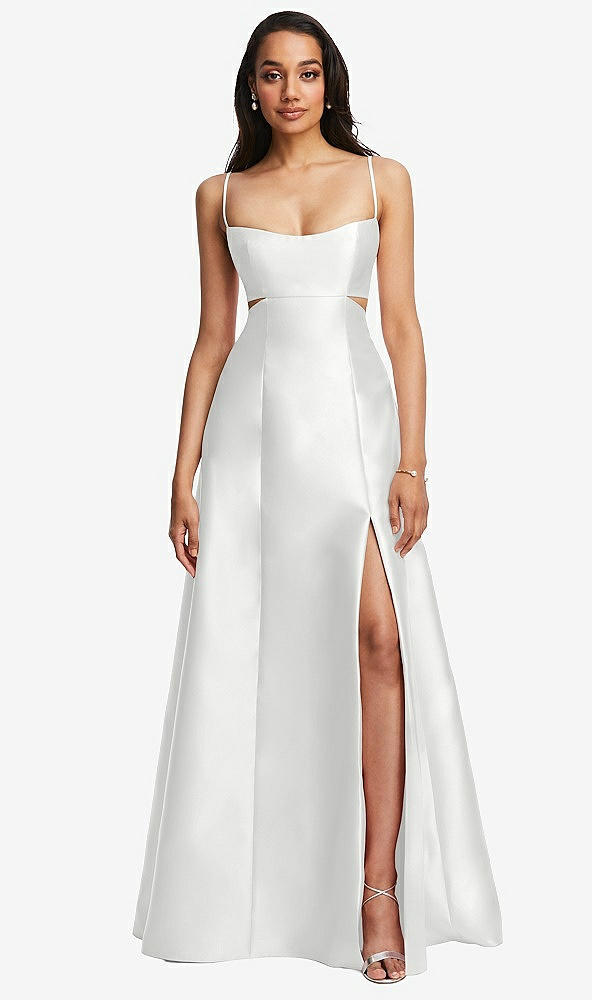 Front View - White Open Neckline Cutout Satin Twill A-Line Gown with Pockets