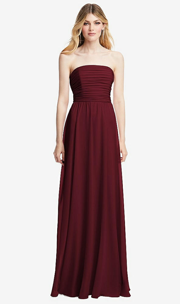 Front View - Cabernet Shirred Bodice Strapless Chiffon Maxi Dress with Optional Straps