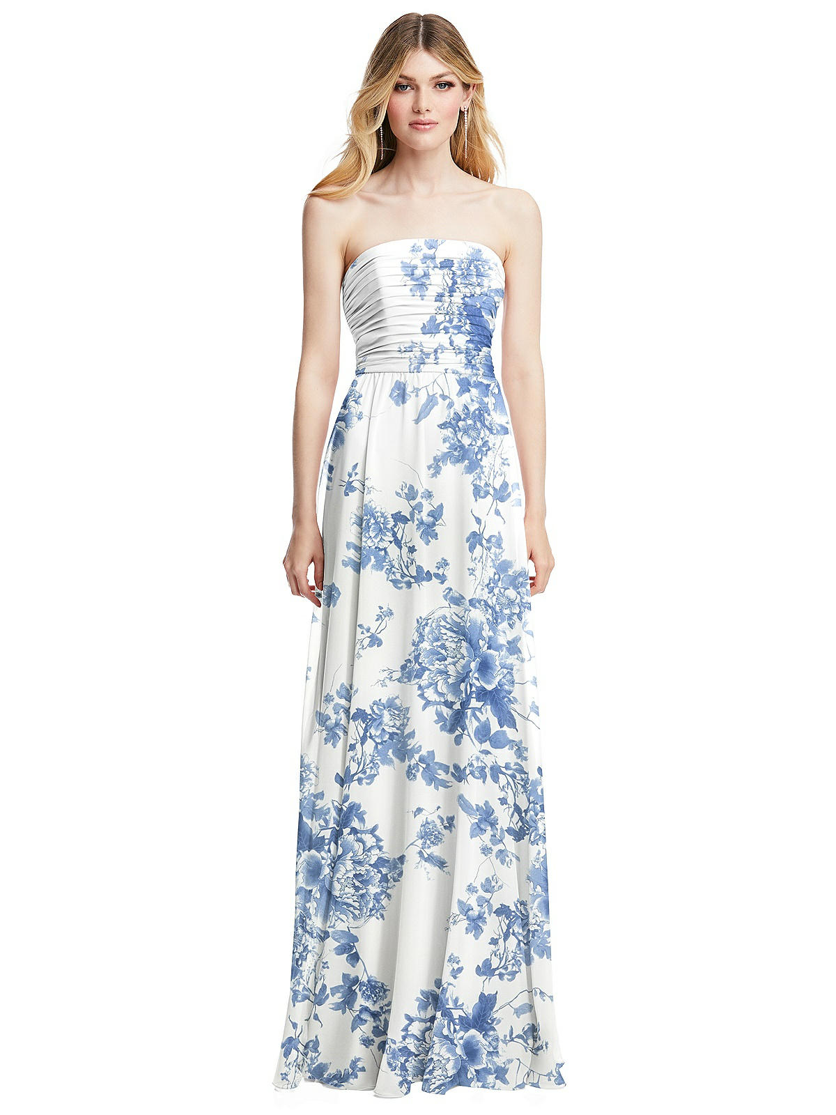 Shirred Bodice Strapless Chiffon Maxi Bridesmaid Dress With