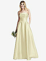 Alt View 6 Thumbnail - Butter Yellow Strapless Bias Cuff Bodice Satin Gown with Pockets