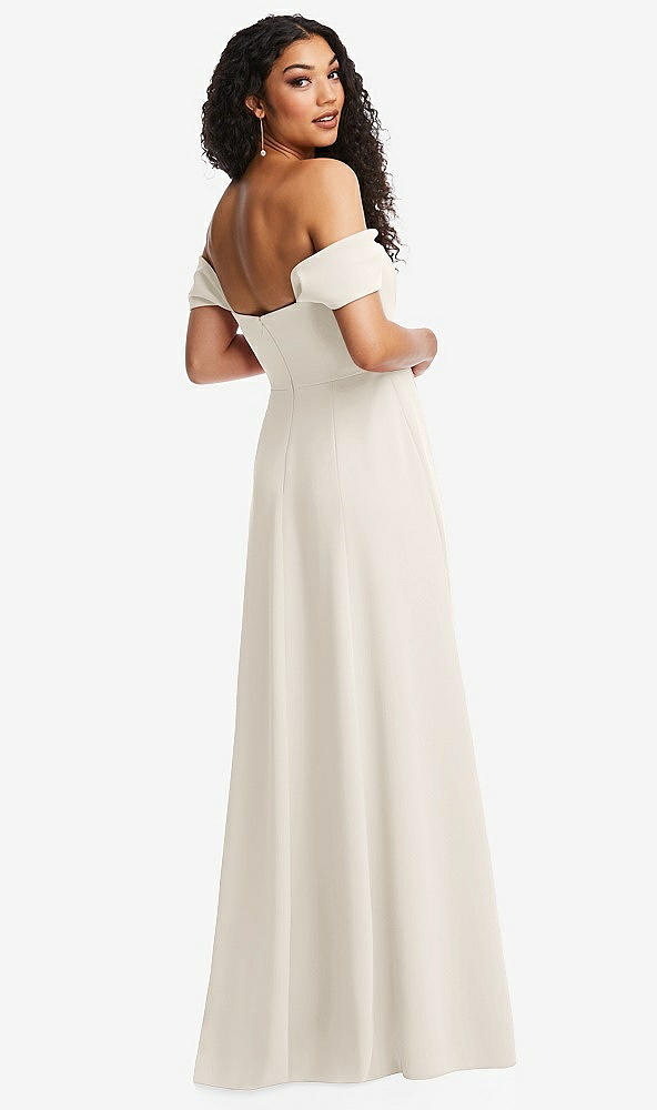 Back View - Ivory Off-the-Shoulder Pleated Cap Sleeve A-line Maxi Dress