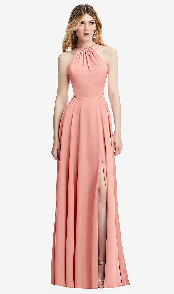Front View - Rose Halter Cross-Strap Gathered Tie-Back Cutout Maxi Dress
