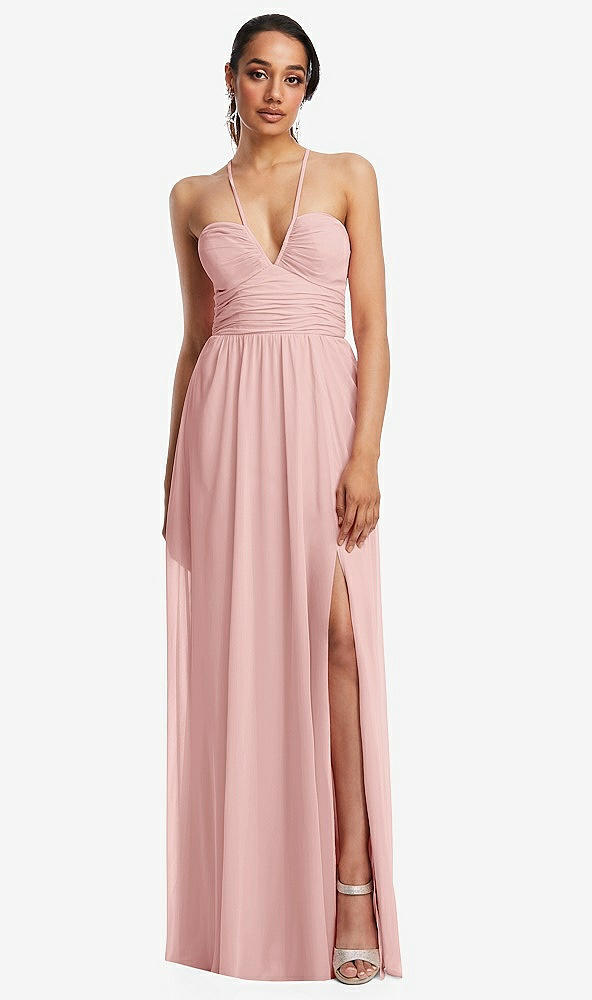Front View - Rose Plunging V-Neck Criss Cross Strap Back Maxi Dress