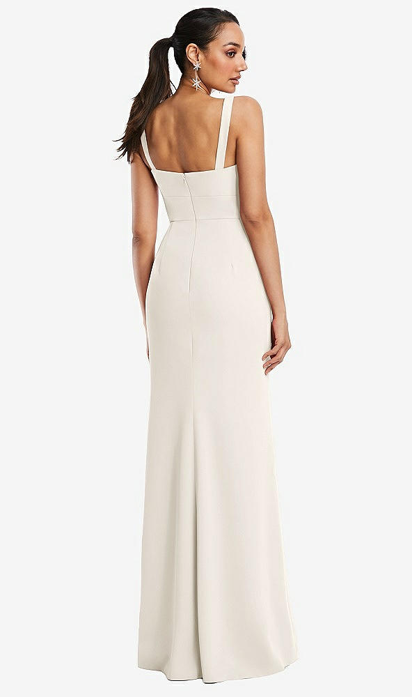 Back View - Ivory Cowl-Neck Wide Strap Crepe Trumpet Gown with Front Slit