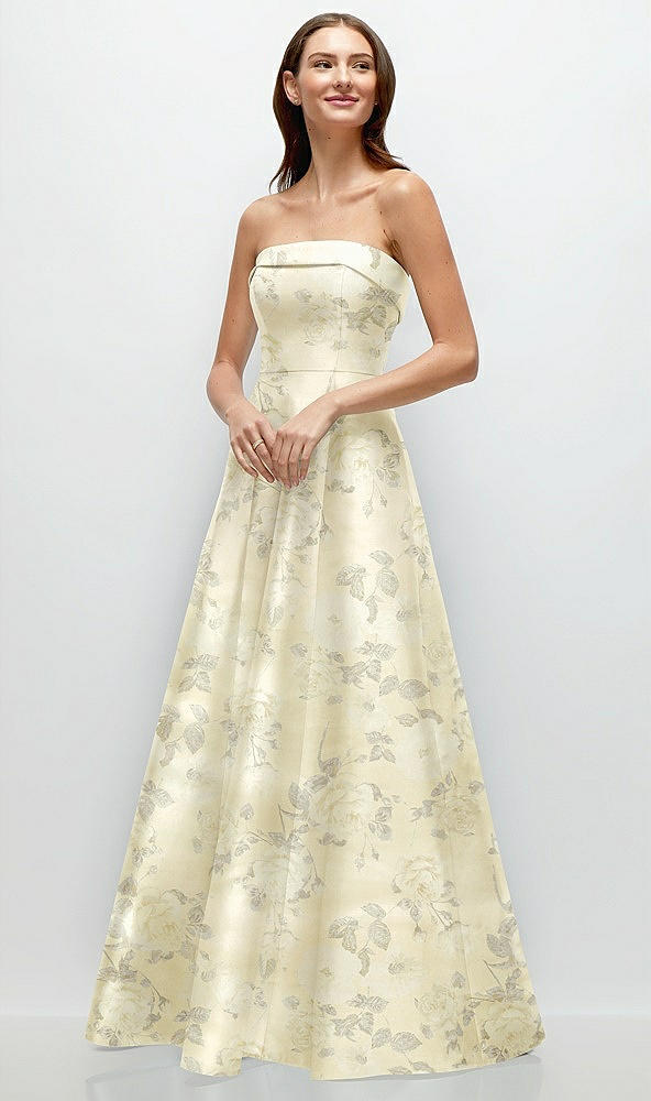 Front View - Butter Yellow Floral Strapless Bias Cuff Bodice Floral Satin Gown with Pockets