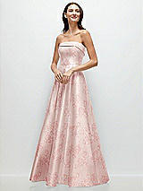 Front View Thumbnail - Bow And Blossom Print Strapless Bias Cuff Bodice Floral Satin Gown with Pockets