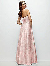 Rear View Thumbnail - Bow And Blossom Print Strapless Bias Cuff Bodice Floral Satin Gown with Pockets