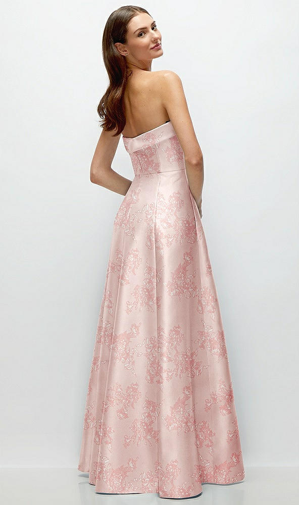Back View - Bow And Blossom Print Strapless Bias Cuff Bodice Floral Satin Gown with Pockets