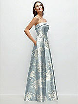 Side View Thumbnail - Porcelain Blue Seraphina Floral Strapless Bias Cuff Bodice Floral Satin Gown with Pockets