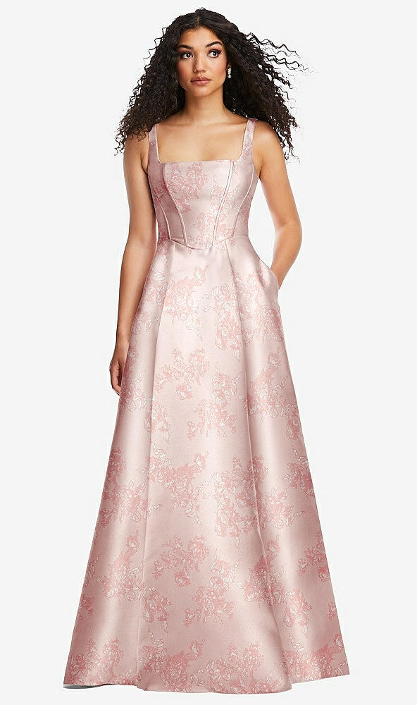 Front View - Bow And Blossom Print Boned Corset Closed-Back Floral Satin Gown with Full Skirt