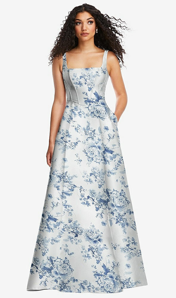 Front View - Cottage Rose Larkspur Boned Corset Closed-Back Floral Satin Gown with Full Skirt