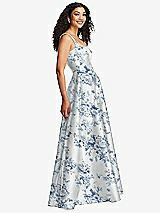 Side View Thumbnail - Cottage Rose Larkspur Boned Corset Closed-Back Floral Satin Gown with Full Skirt