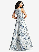 Rear View Thumbnail - Cottage Rose Larkspur Boned Corset Closed-Back Floral Satin Gown with Full Skirt