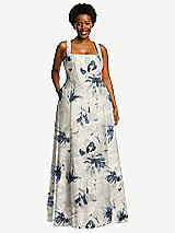 Alt View 1 Thumbnail - Inkwash Blue Floral Boned Corset Closed-Back Floral Satin Gown with Full Skirt