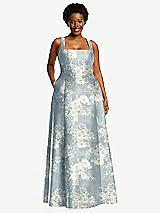 Alt View 1 Thumbnail - Porcelain Blue Seraphina Floral Boned Corset Closed-Back Floral Satin Gown with Full Skirt