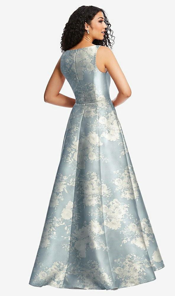 Back View - Porcelain Blue Seraphina Floral Boned Corset Closed-Back Floral Satin Gown with Full Skirt