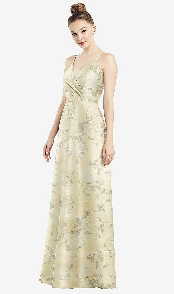 Front View - Butter Yellow Floral Draped Wrap Floral Satin Maxi Dress with Pockets