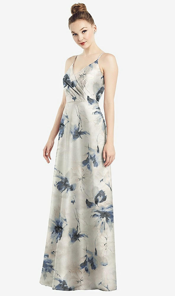 Front View - Inkwash Blue Floral Draped Wrap Floral Satin Maxi Dress with Pockets