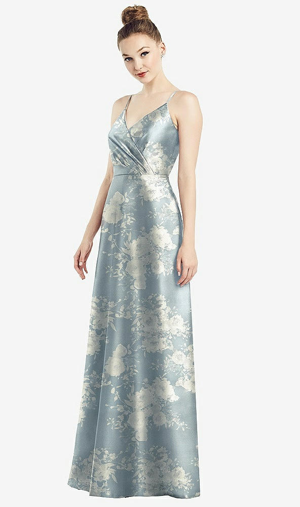Front View - Porcelain Blue Seraphina Floral Draped Wrap Floral Satin Maxi Dress with Pockets