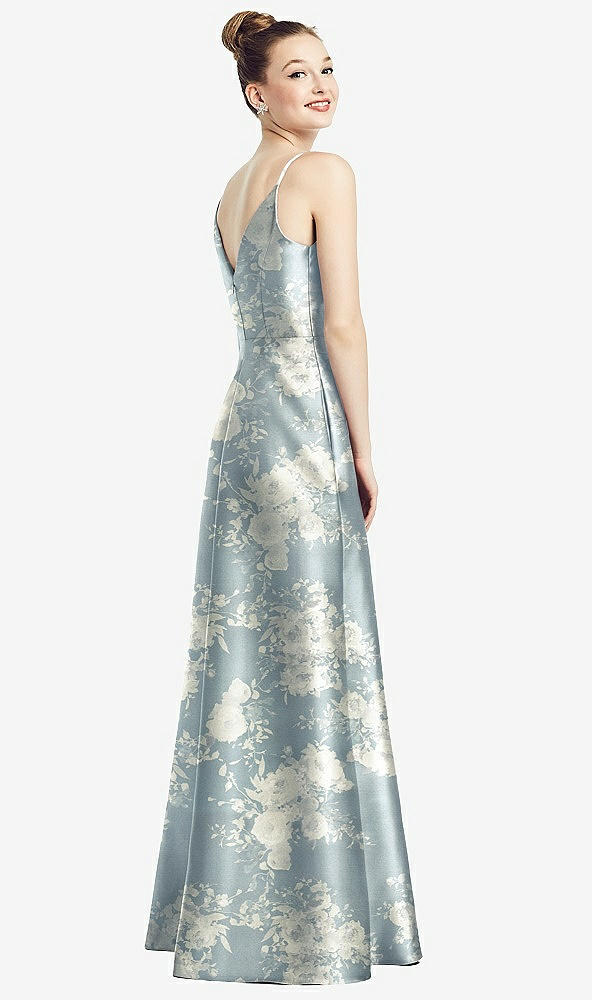 Back View - Porcelain Blue Seraphina Floral Draped Wrap Floral Satin Maxi Dress with Pockets