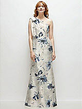 Alt View 4 Thumbnail - Inkwash Blue Floral Bow One-Shoulder Floral Satin Trumpet Gown