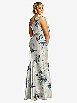 Rear View Thumbnail - Inkwash Blue Floral Bow One-Shoulder Floral Satin Trumpet Gown