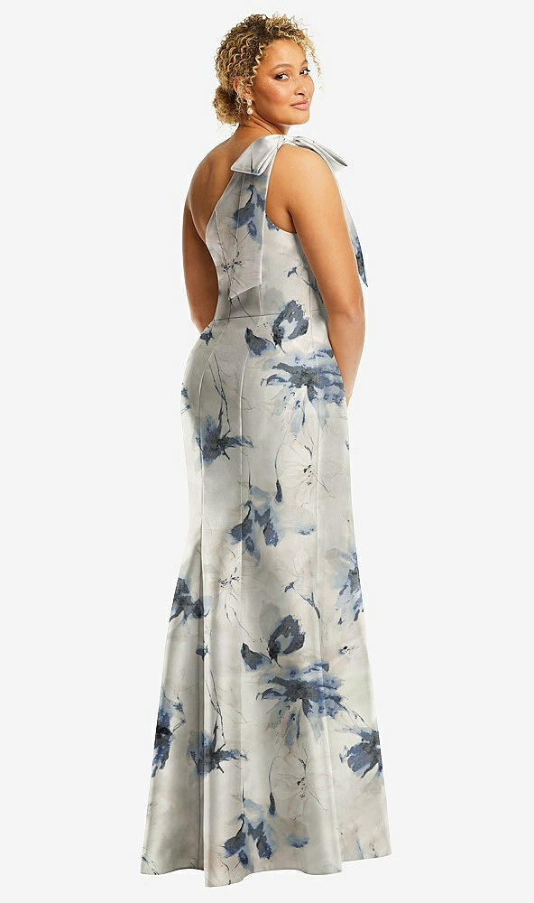 Back View - Inkwash Blue Floral Bow One-Shoulder Floral Satin Trumpet Gown