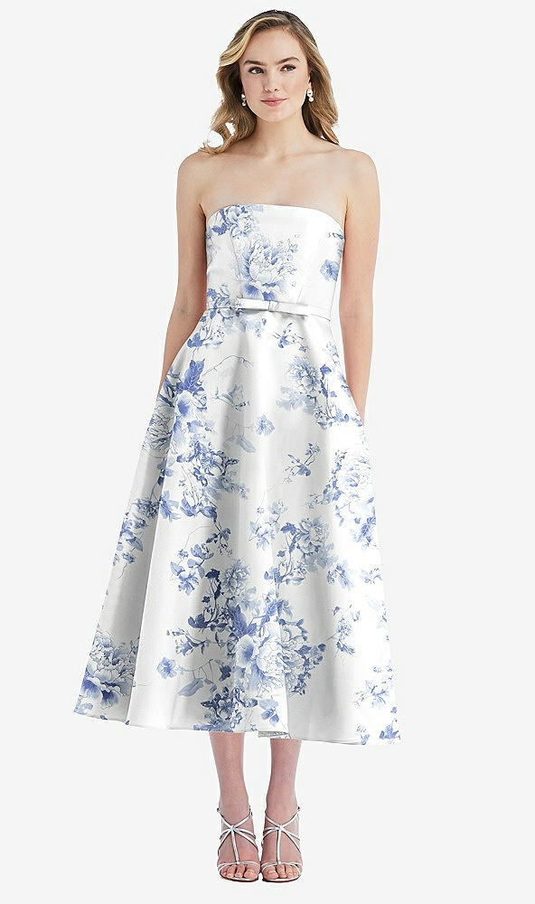 Front View - Cottage Rose Larkspur Strapless Bow-Waist Full Skirt Floral Satin Midi Dress
