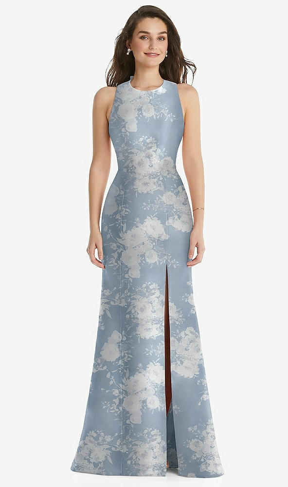 Front View - Porcelain Blue Seraphina Floral Jewel Neck Bowed Open-Back Floral Trumpet Dress with Front Slit