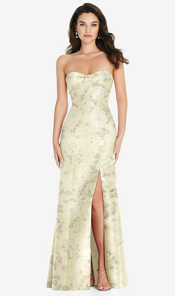 Front View - Butter Yellow Floral Bow Cuff Strapless Floral Princess Waist Trumpet Gown