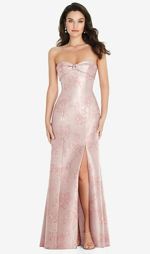 Front View - Bow And Blossom Print Bow Cuff Strapless Floral Princess Waist Trumpet Gown