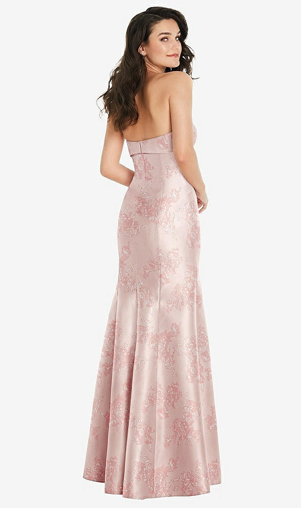 Back View - Bow And Blossom Print Bow Cuff Strapless Floral Princess Waist Trumpet Gown