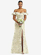 Alt View 2 Thumbnail - Butter Yellow Floral Off-the-Shoulder Ruffle Neck Floral Satin Trumpet Gown