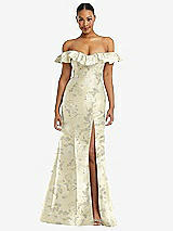 Front View Thumbnail - Butter Yellow Floral Off-the-Shoulder Ruffle Neck Floral Satin Trumpet Gown