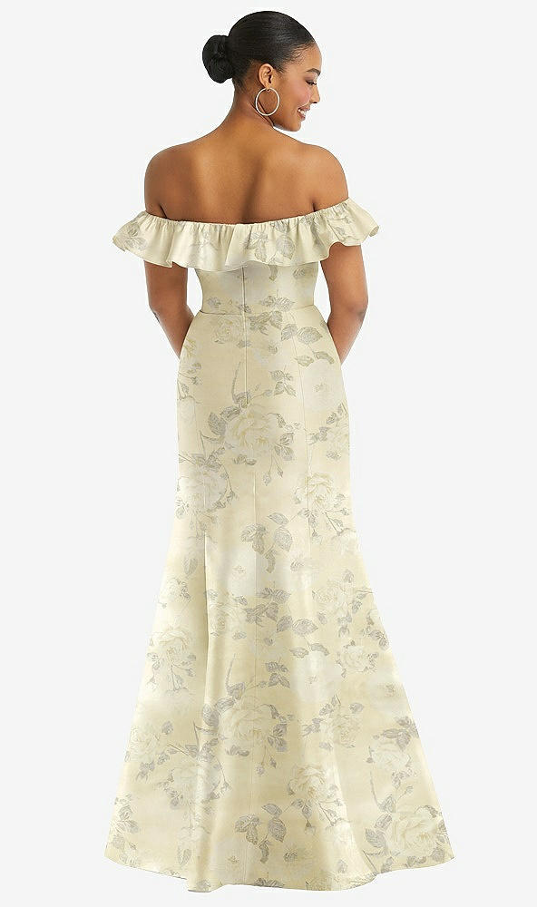 Back View - Butter Yellow Floral Off-the-Shoulder Ruffle Neck Floral Satin Trumpet Gown
