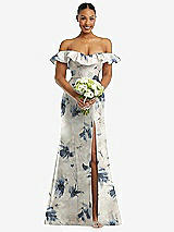 Alt View 2 Thumbnail - Inkwash Blue Floral Off-the-Shoulder Ruffle Neck Floral Satin Trumpet Gown
