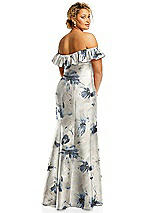 Alt View 5 Thumbnail - Inkwash Blue Floral Off-the-Shoulder Ruffle Neck Floral Satin Trumpet Gown