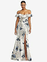 Front View Thumbnail - Inkwash Blue Floral Off-the-Shoulder Ruffle Neck Floral Satin Trumpet Gown