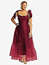 Alt View 1 Thumbnail - Burgundy Convertible Deep Ruffle Hem High Low Organdy Dress with Scarf-Tie Straps