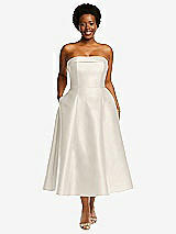 Alt View 1 Thumbnail - Ivory Cuffed Strapless Satin Twill Midi Dress with Full Skirt and Pockets