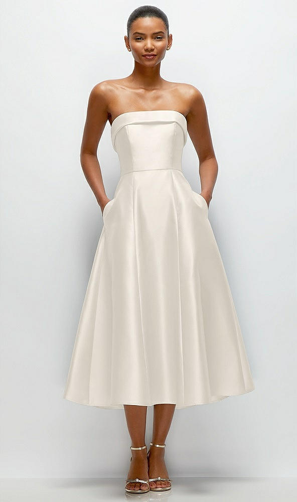 Front View - Ivory Cuffed Strapless Satin Twill Midi Dress with Full Skirt and Pockets
