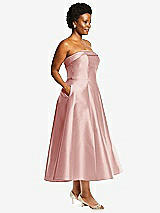 Alt View 3 Thumbnail - Rose Cuffed Strapless Satin Twill Midi Dress with Full Skirt and Pockets