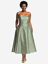 Alt View 1 Thumbnail - Sage Cuffed Strapless Satin Twill Midi Dress with Full Skirt and Pockets