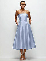 Front View Thumbnail - Sky Blue Cuffed Strapless Satin Twill Midi Dress with Full Skirt and Pockets