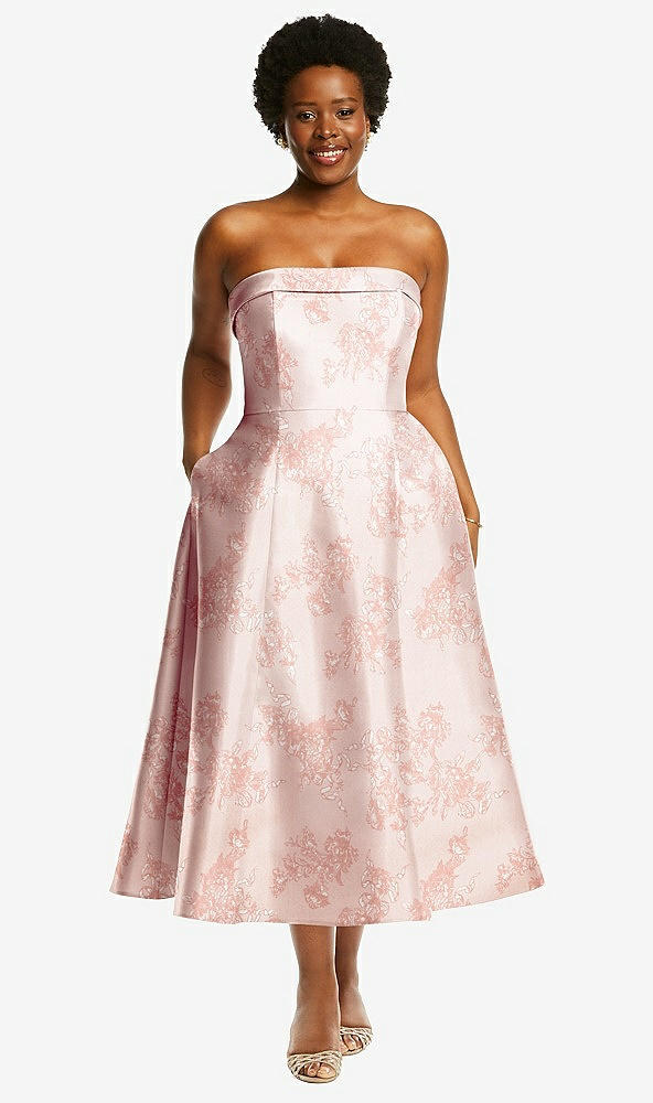 Front View - Bow And Blossom Print Cuffed Strapless Floral Satin Twill Midi Dress with Full Skirt and Pockets