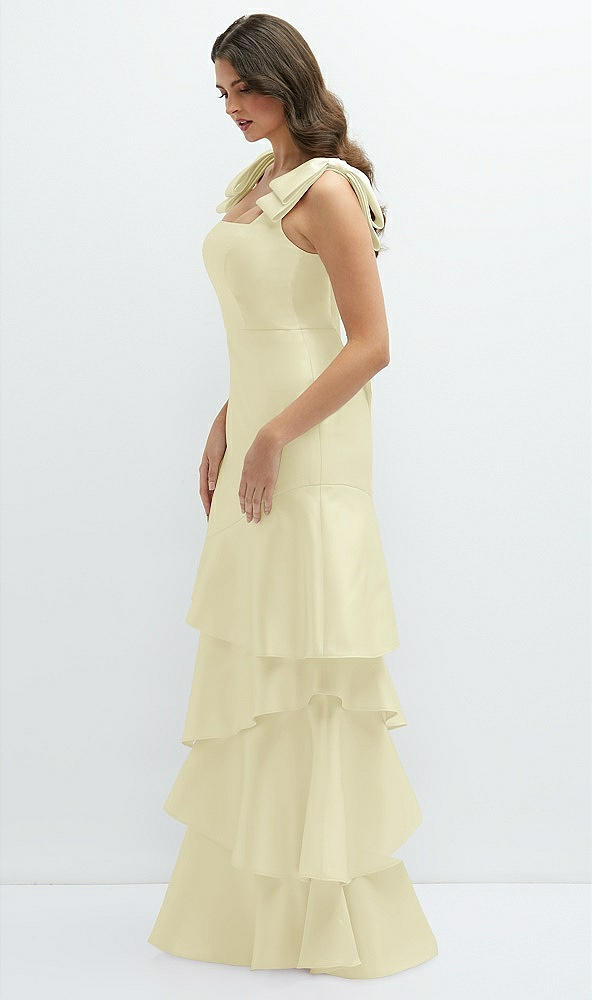 Front View - Butter Yellow Bow-Shoulder Satin Maxi Dress with Asymmetrical Tiered Skirt