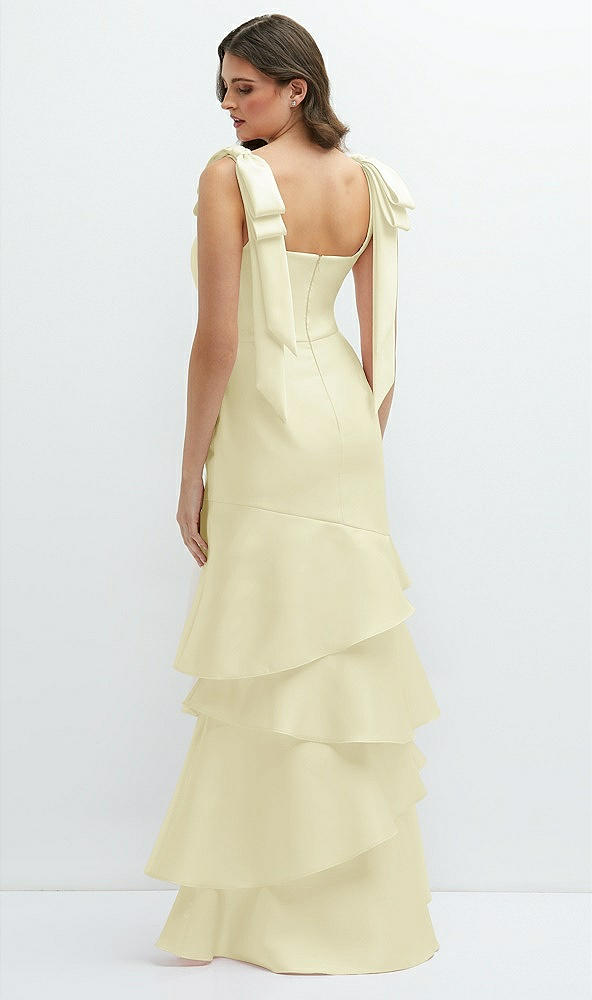 Back View - Butter Yellow Bow-Shoulder Satin Maxi Dress with Asymmetrical Tiered Skirt